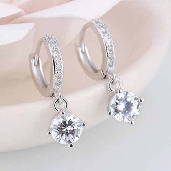 NEW Solitaire Diamond Drop Silver Hoop Earrings - Picture 1 of 9